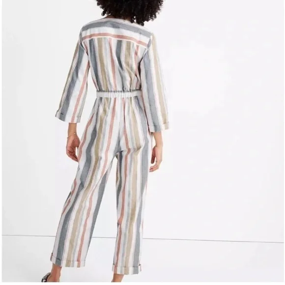 Madewell V-Neck Tie Waist Striped Jumper Size 0
White Blue Pink & Tan - Picture 2 of 9